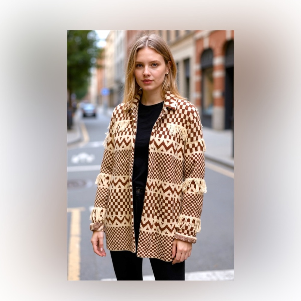Idyllwind Fringe Tan Brown Cardigan Sweater‎ L Women Southwestern Aztec Print
